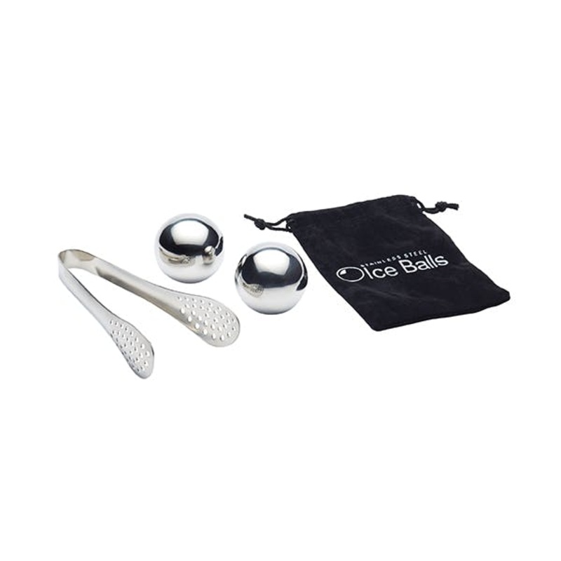 BARCRAFT 3 PIECE STAINLESS STEEL ICE BALLS, TONGS AND STORAGE BAG