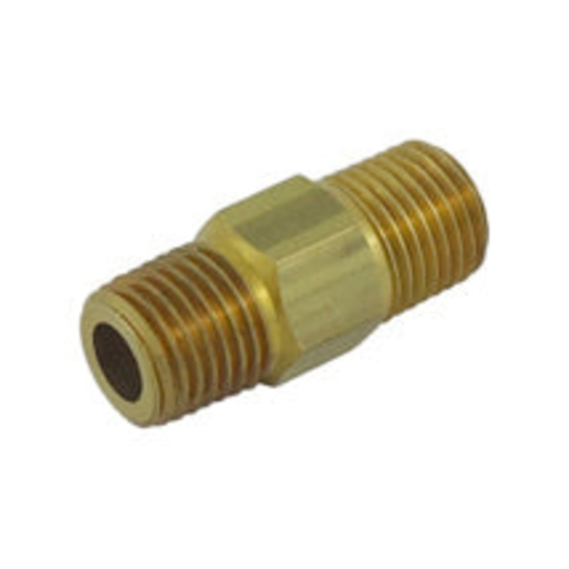 Hex Nipple: 1/4 MPT (Left Hand Thread x Right Hand Thread)