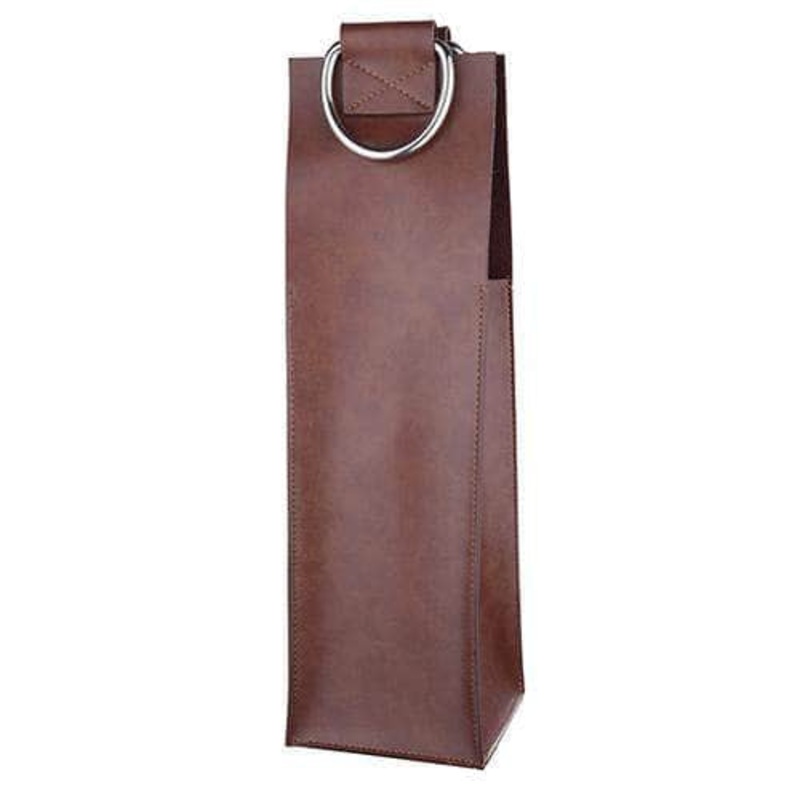 Brown Faux Leather Single-Bottle Wine Tote by Viski