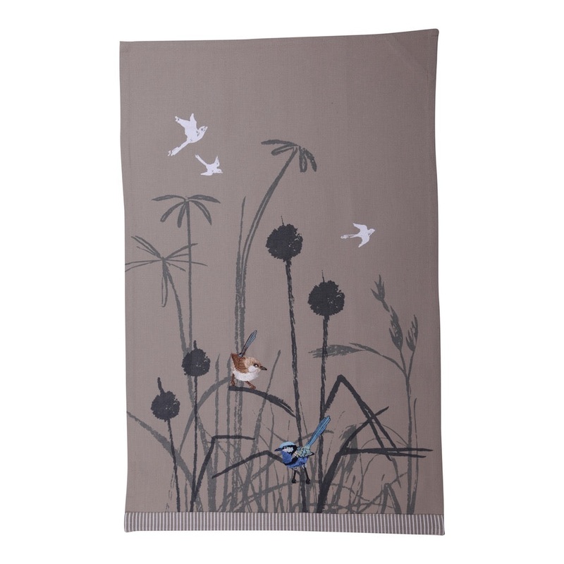 Linen Press Tea Towel Blue Wren Grassland (Organic Cotton)