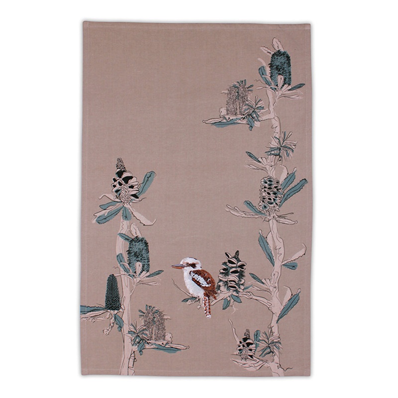 Linen Press Tea Towel Kookaburra & Banksia (Organic Cotton)