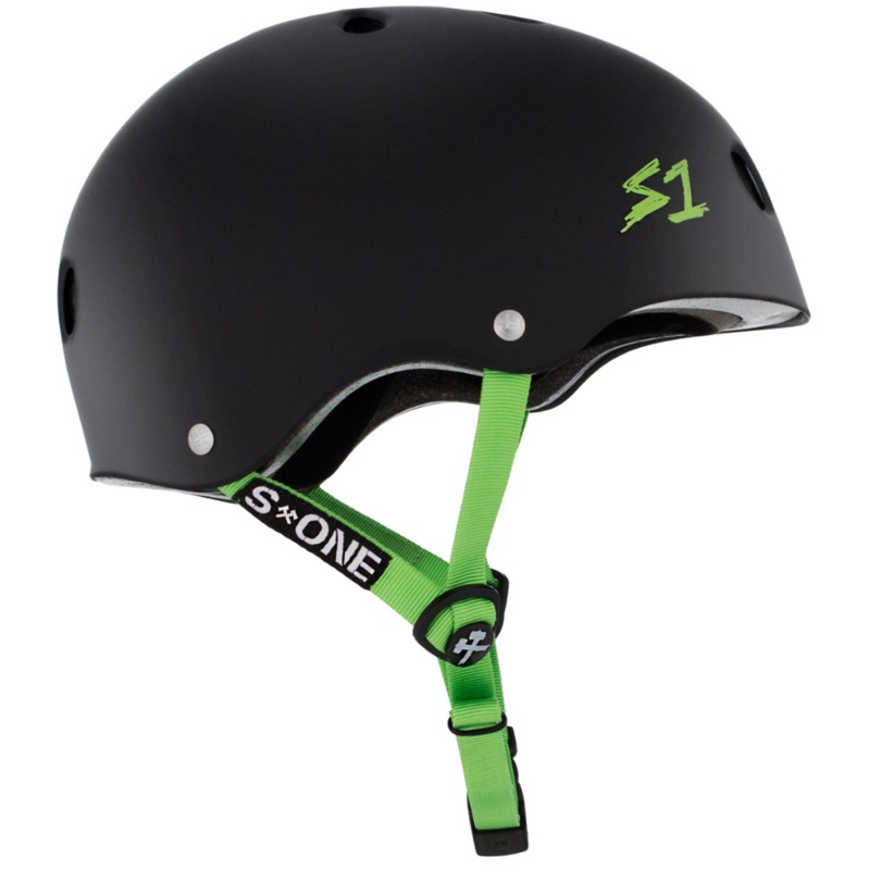S-One Helmet Lifer Medium|Black Matte with Green Straps|Light Grey Matte|Blood Red Gloss