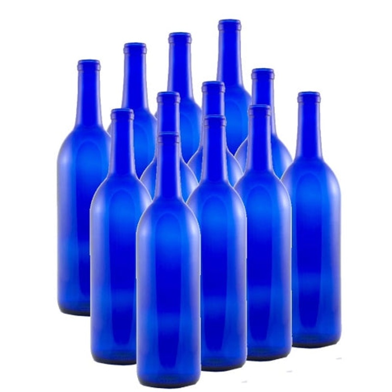 750 ML Bordeaux Cobalt Blue Wine Bottles Cork Finish (12/CASE)