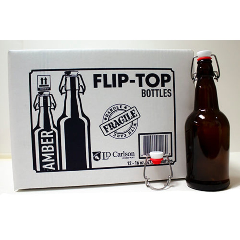 **PICK UP ONLY**  16 OZ AMBER FLIP-TOP BEER BOTTLES WITH CAPS INCLUDED, 12/CASE or EACH